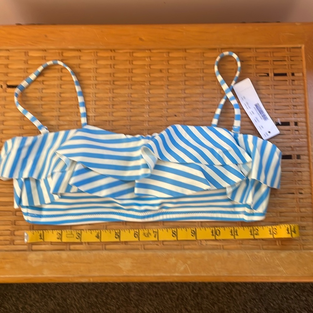 J Crew Ruffle Trim Bandeau in Med Blue Stripe size XS